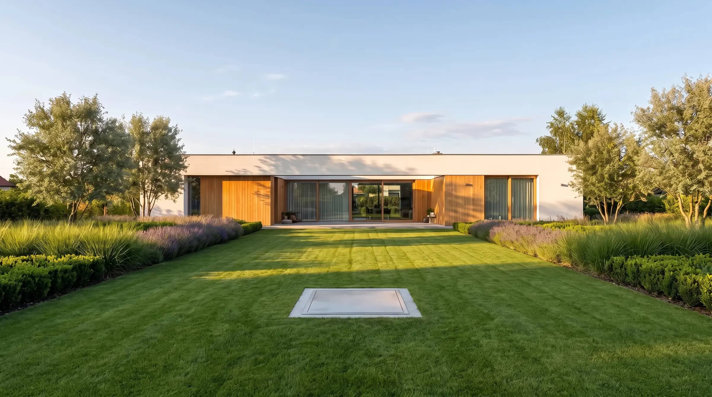 Maison contemporaine et son jardin en fin d'après-midi, une trappe d'acier discrète posée au ras de la pelouse