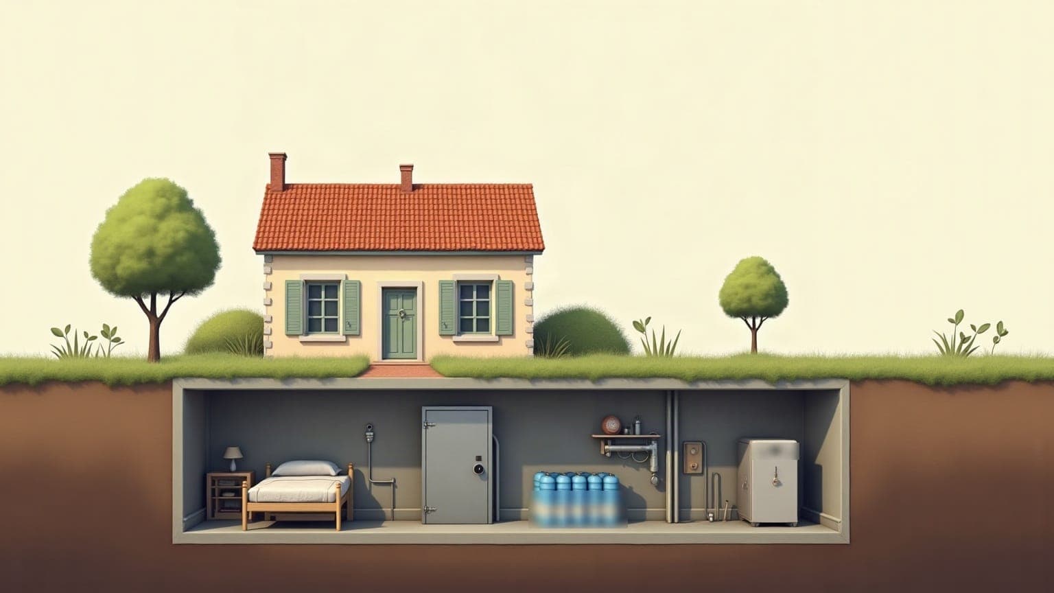 Vue en coupe d’une maison française avec son jardin en surface et, en dessous, un abri enterré aménagé : lit, porte sécurisée, réserves d’eau