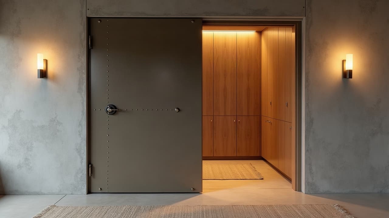 Porte sécurisée ouverte donnant sur un espace de rangement en bois clair aménagé dans un abri