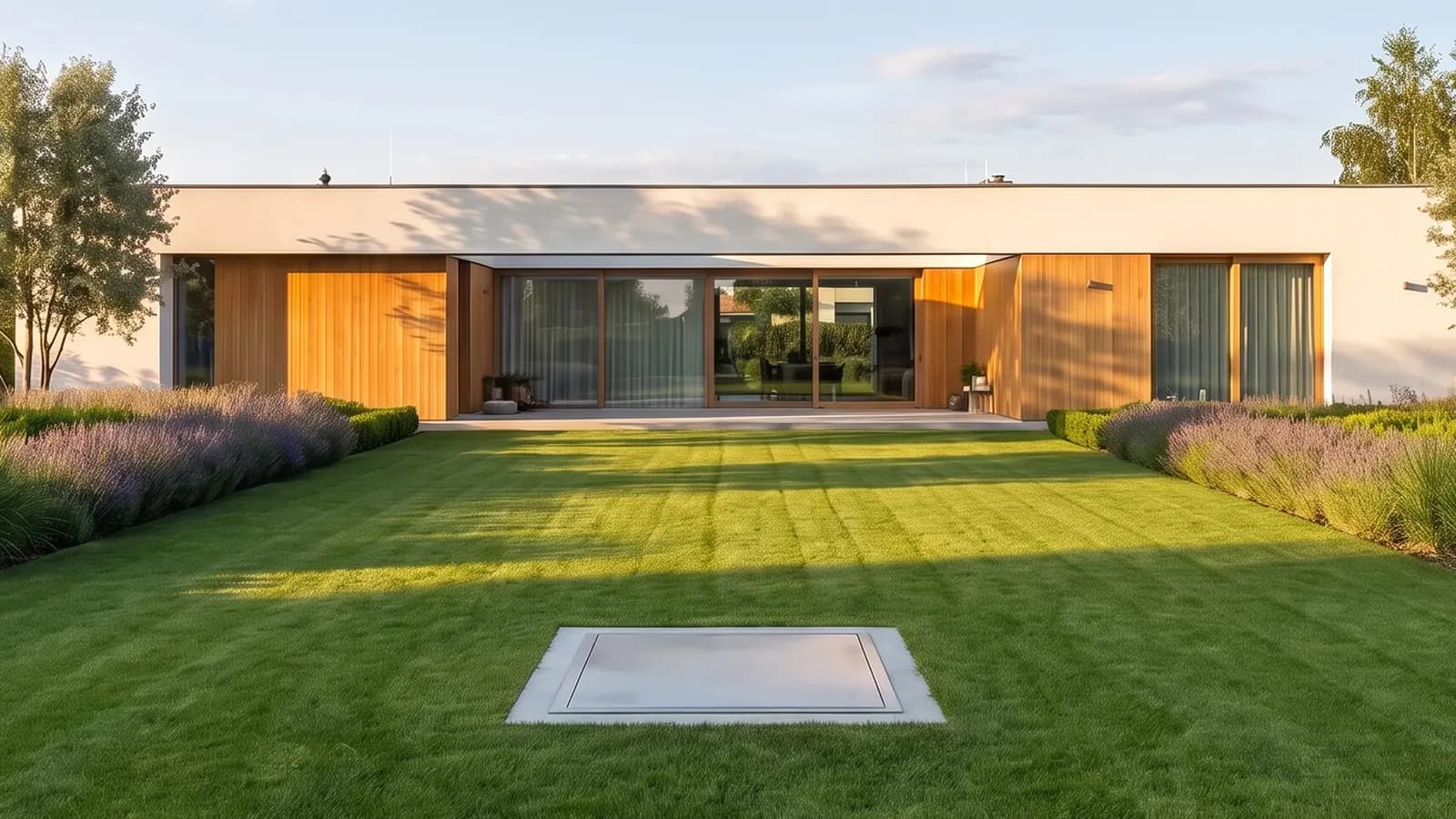 Maison contemporaine et son jardin, la trappe d'accès d'un abri enterré posée dans la pelouse
