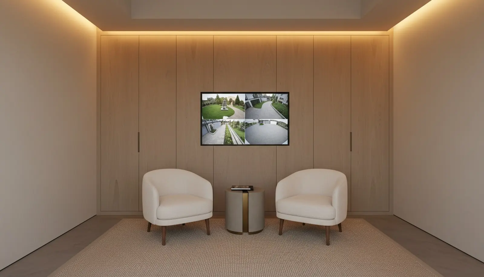 Pièce sécurisée dans une maison, deux fauteuils, rangements et écran de surveillance