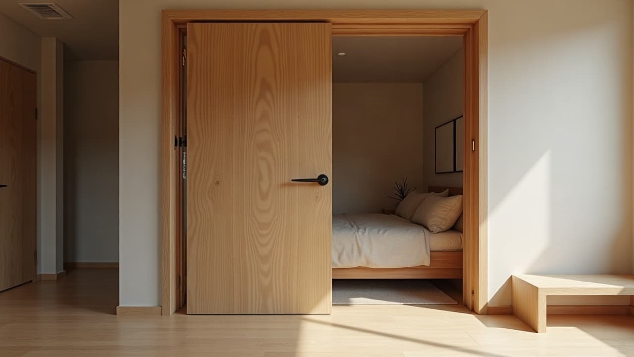 Porte blindée entrouverte d'une pièce sécurisée aménagée dans une chambre
